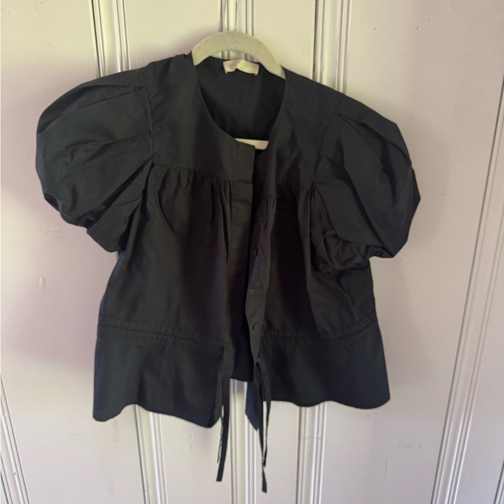 Ulla Johnson Black Puff-Sleeve Drawstring Peplum Top - Picture 3 of 4